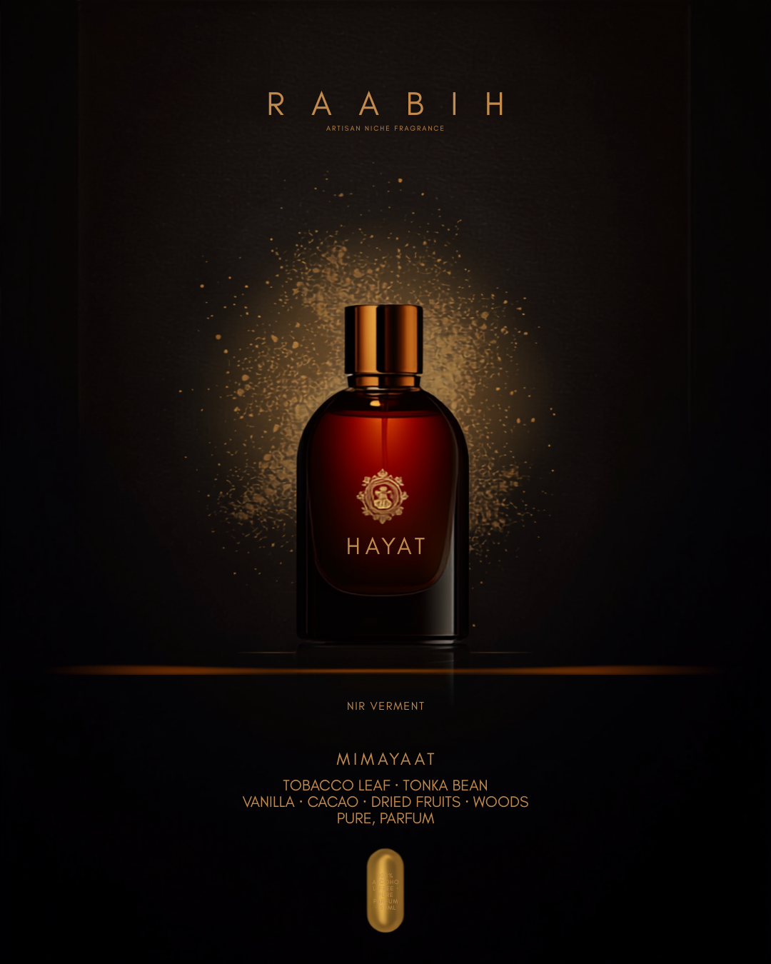 RAABIH Hayat 50ml — alcohol-free pure oil parfum, tobacco tonka vanilla