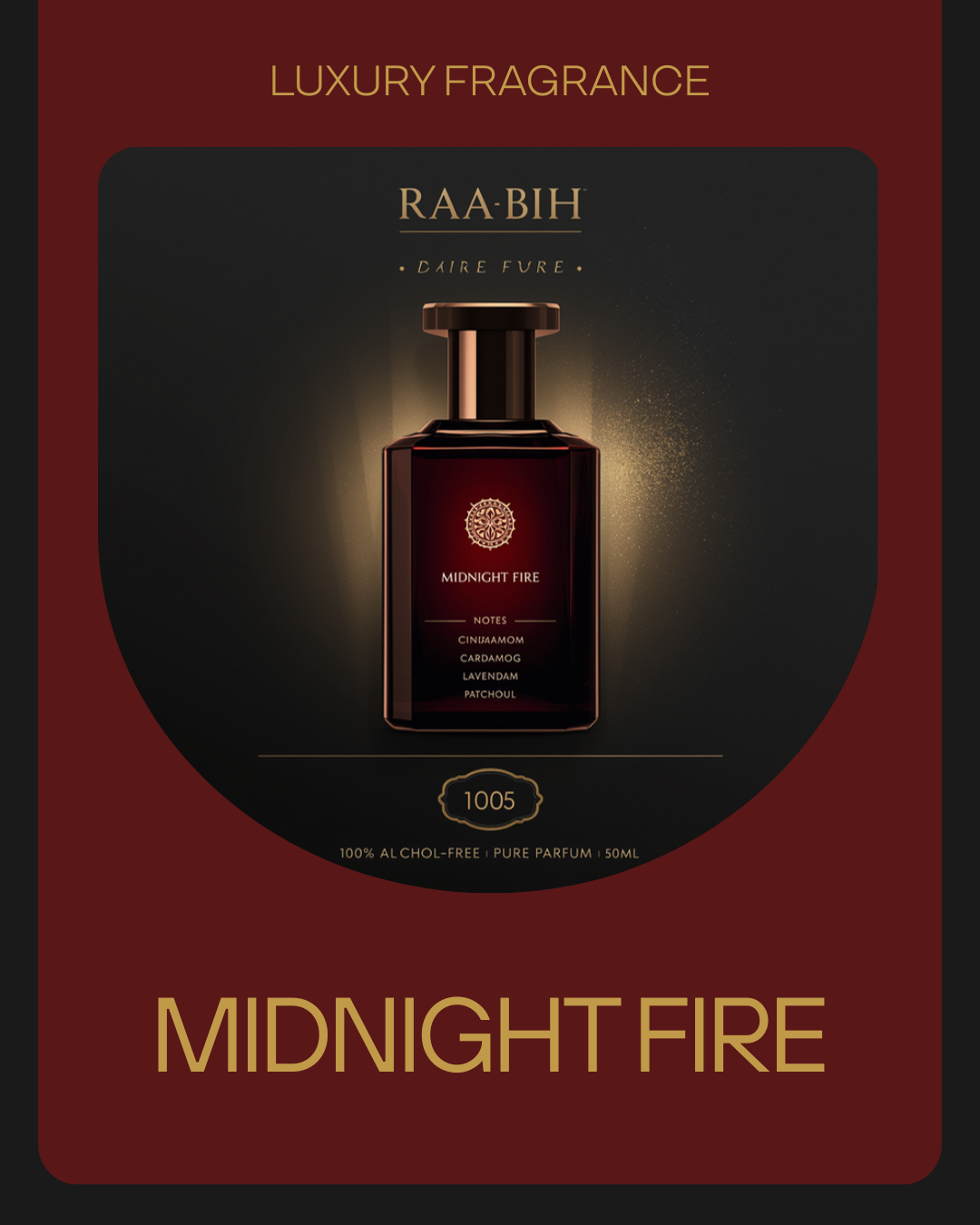 RAABIH Midnight Fire 50ml — alcohol-free pure oil parfum, grapefruit cinnamon amber