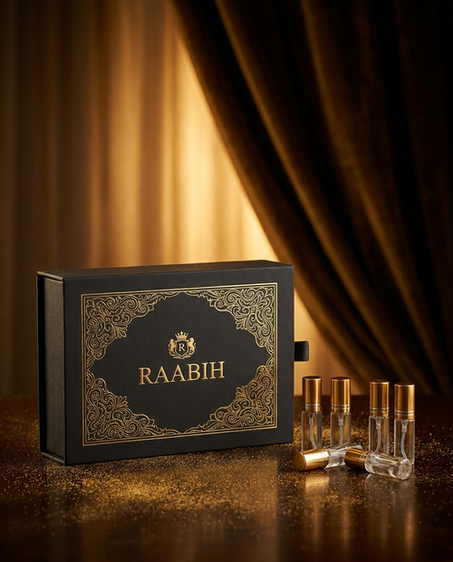 RAABIH Discovery Set - matte-black gold-foil sliding box with seven 8ml minis