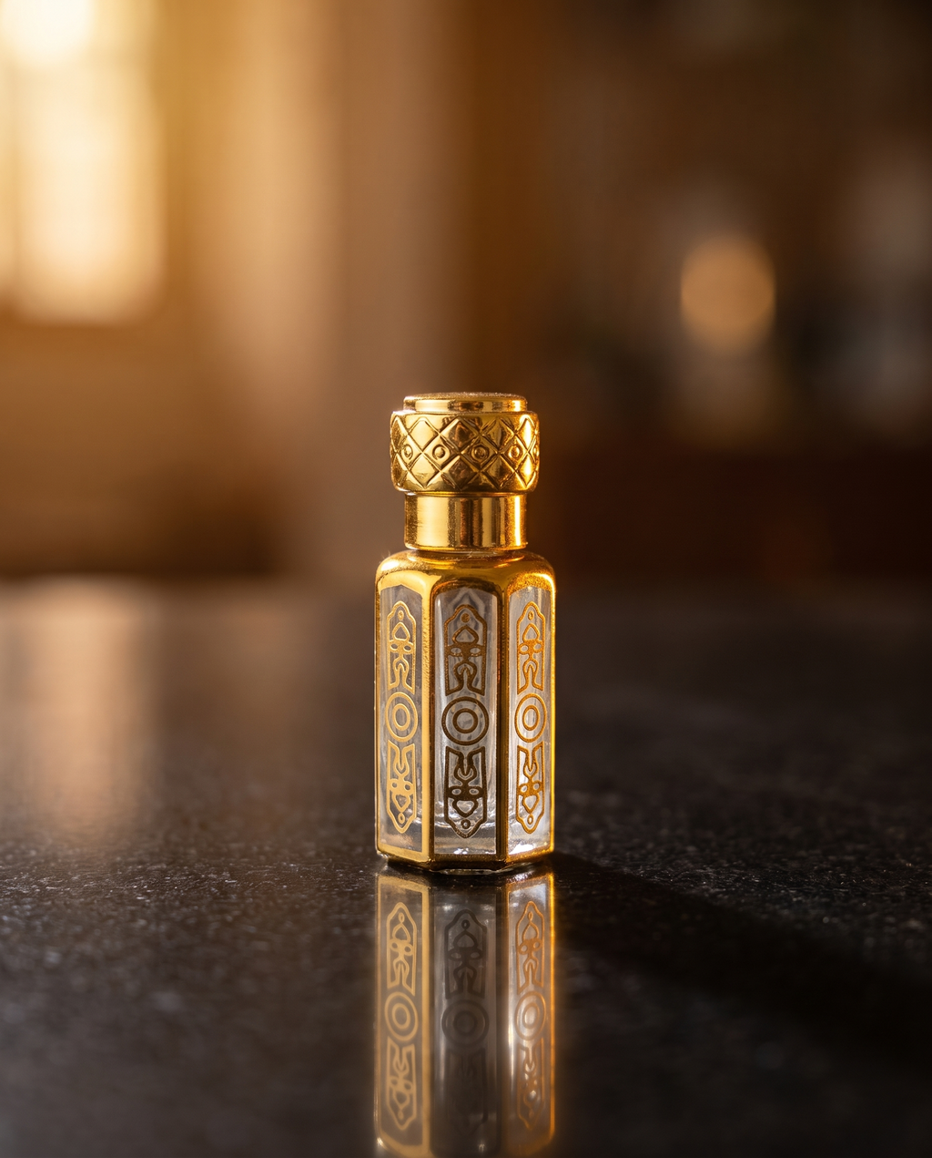 RAABIH Honey Moon Attar 6ml — gold hexagonal ornate roll-on pocket bottle, alcohol-free concentrated attar