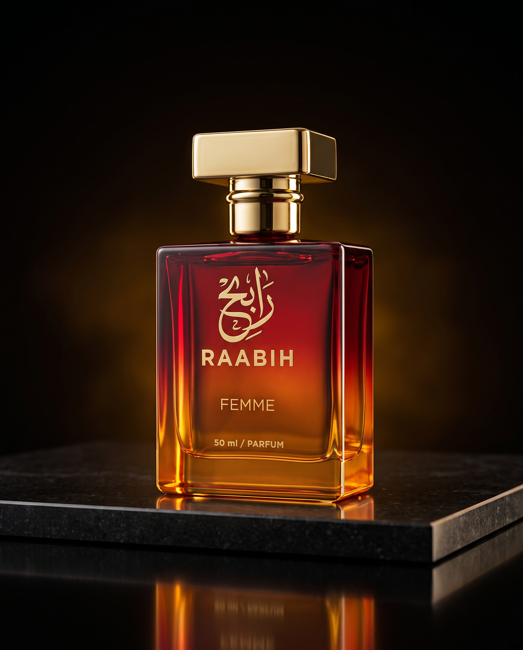 RAABIH Femme 50ml — red-to-amber gradient flacon with gold cap, scent name in gold foil, alcohol-free parfum