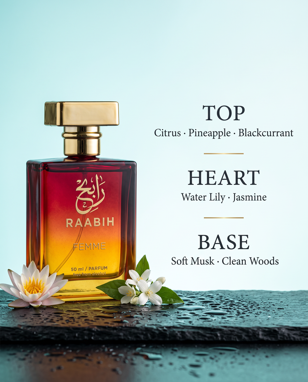 RAABIH Femme 50ml — fragrance notes: citrus, pineapple & blackcurrant, water lily & jasmine, soft musk & clean woods