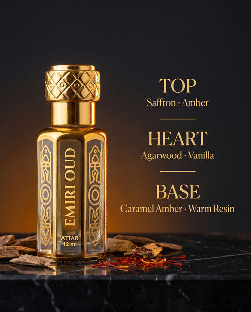 RAABIH Emiri Oud Attar 12ml — fragrance notes: saffron & amber, agarwood & vanilla, caramel amber & warm resin