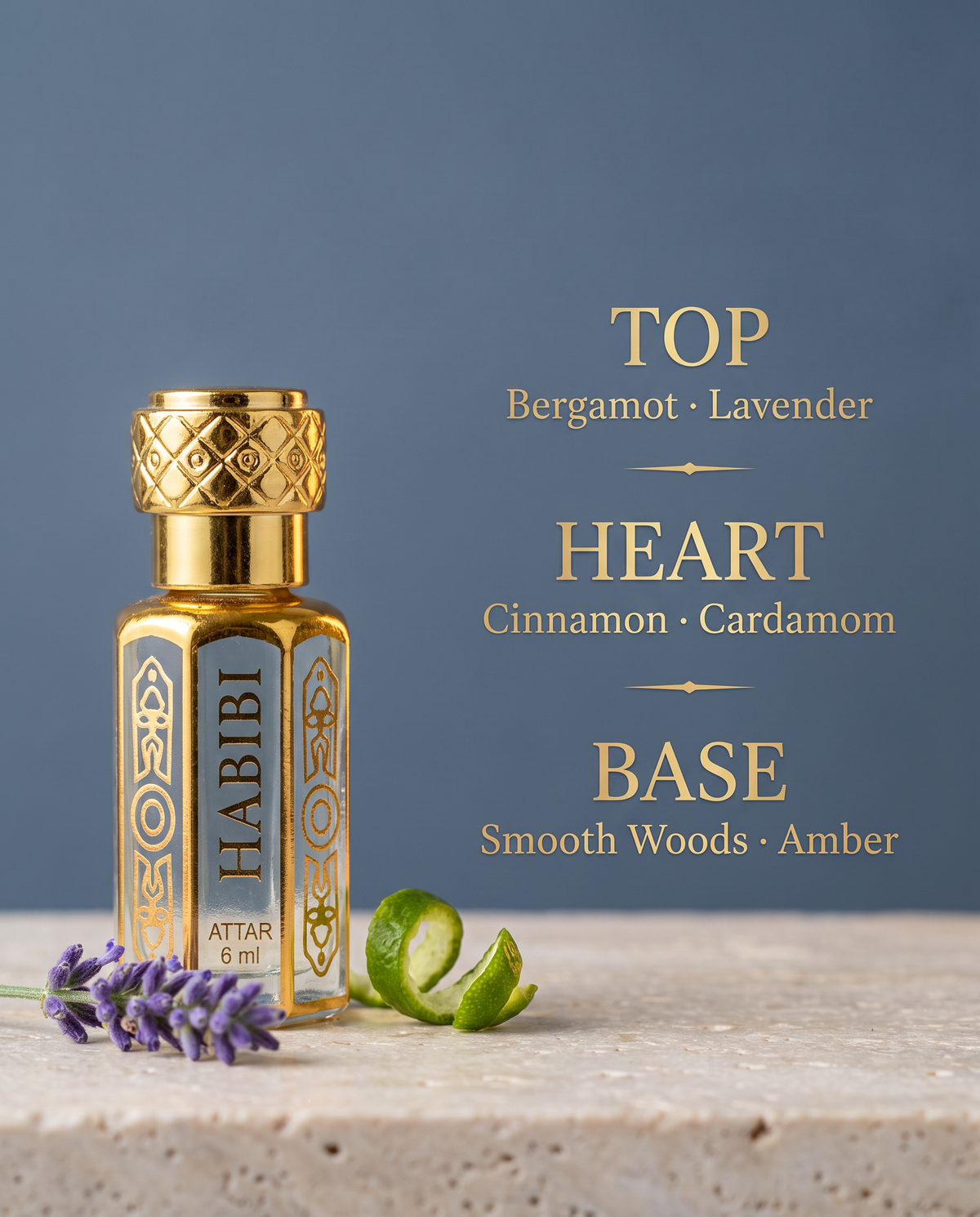 RAABIH Habibi Attar 6ml pocket roll-on — fragrance notes: bergamot & lavender, cinnamon & cardamom, smooth woods & amber