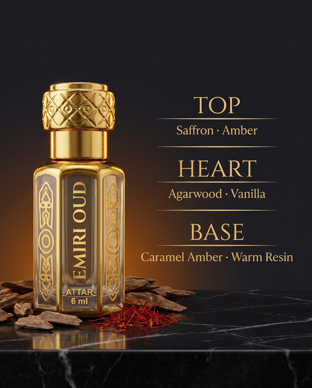 RAABIH Emiri Oud Attar 6ml pocket roll-on — fragrance notes: saffron & amber, agarwood & vanilla, caramel amber & warm resin
