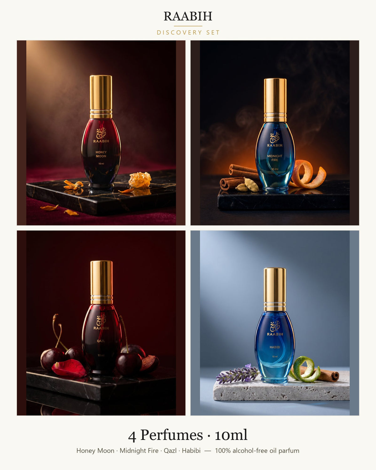 RAABIH Discovery Set – four 10ml alcohol-free perfume sprays: Honey Moon, Midnight Fire, Qazl, Habibi